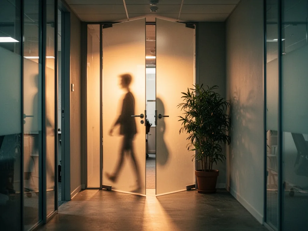 A glass door slightly ajar in a modern office corridor, warm golden light spilling through, a blurred silhouette of a pe