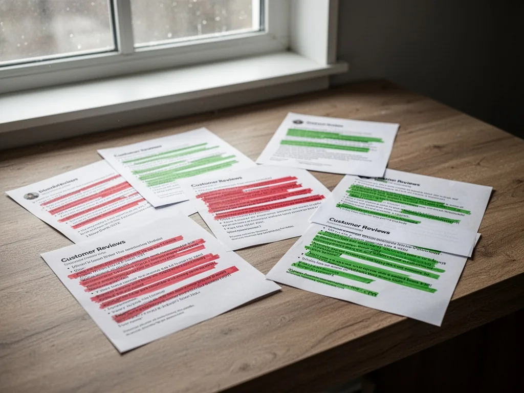 A wooden desk with scattered printed customer reviews, some highlighted in red, others in green, morning light through w