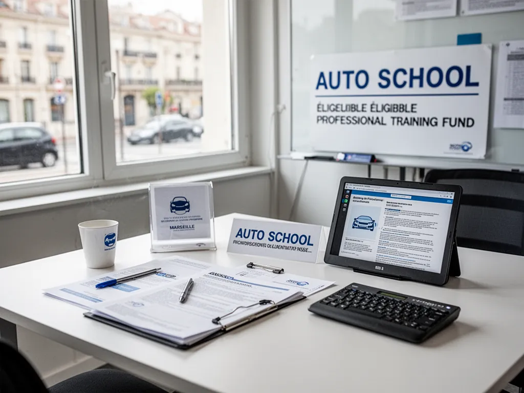 Une rue de Marseille avec une voiture d’auto-école à l’arrêt devant un feu, carnet de conduite visible sur le tableau de bord