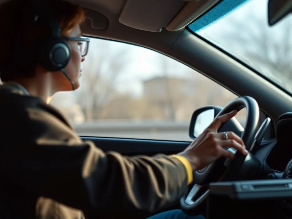 Un élève derrière le volant d'une voiture auto-école, le moniteur à côté prenant des notes, tableau de bord et rétroviseurs visibles.