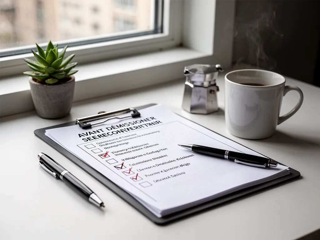Un carnet ouvert, une paire de lunettes posée, et un café : notes de transition professionnelle
