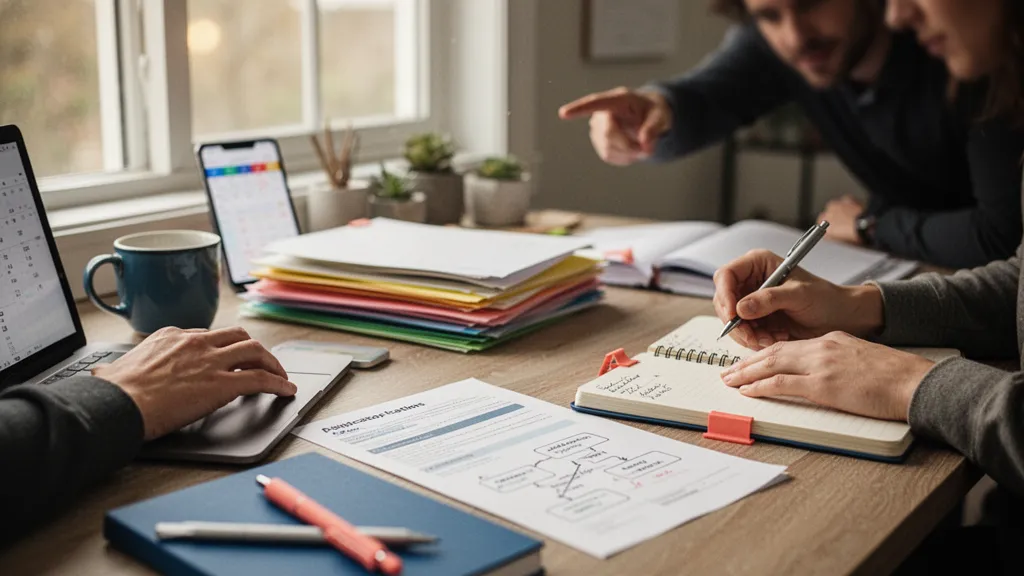 Personne travaillant sur un dossier de formation, documents étalés et ordinateur portable