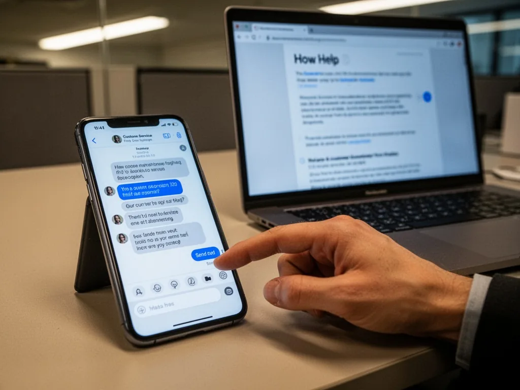 A smartphone screen displaying a customer service chat window, resting on a table beside a laptop with a help page, a fi