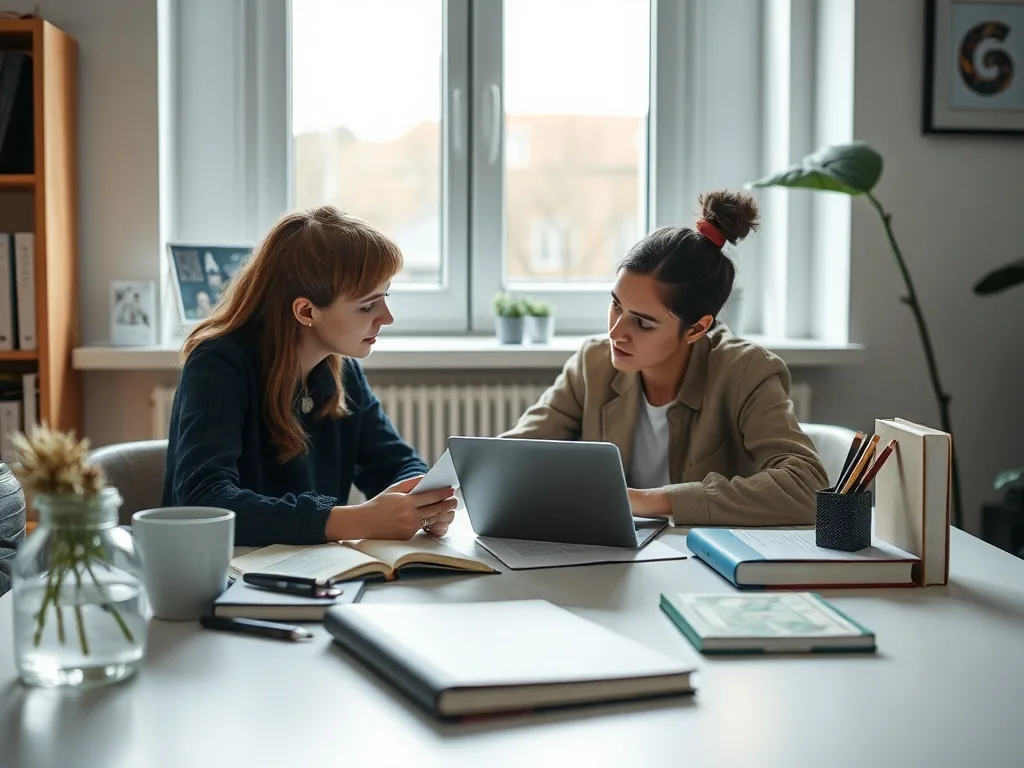 Un bureau clair avec un ordinateur portable ouvert sur le site des formalités d'entreprise, un carnet de notes, un téléphone et une tasse de café, dans une lumière douce de matinée.