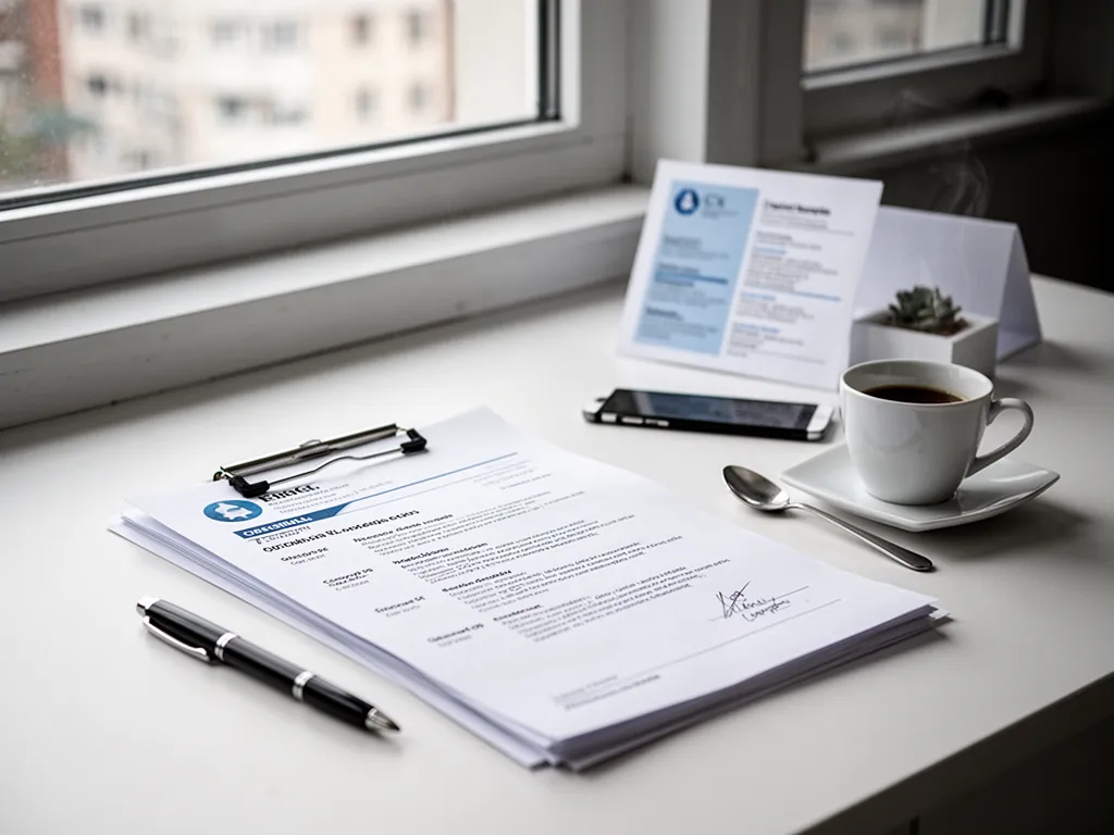 Un bureau avec plusieurs versions de CV imprimés étalés, des crayons de couleur et un écran d'ordinateur en arrière-plan