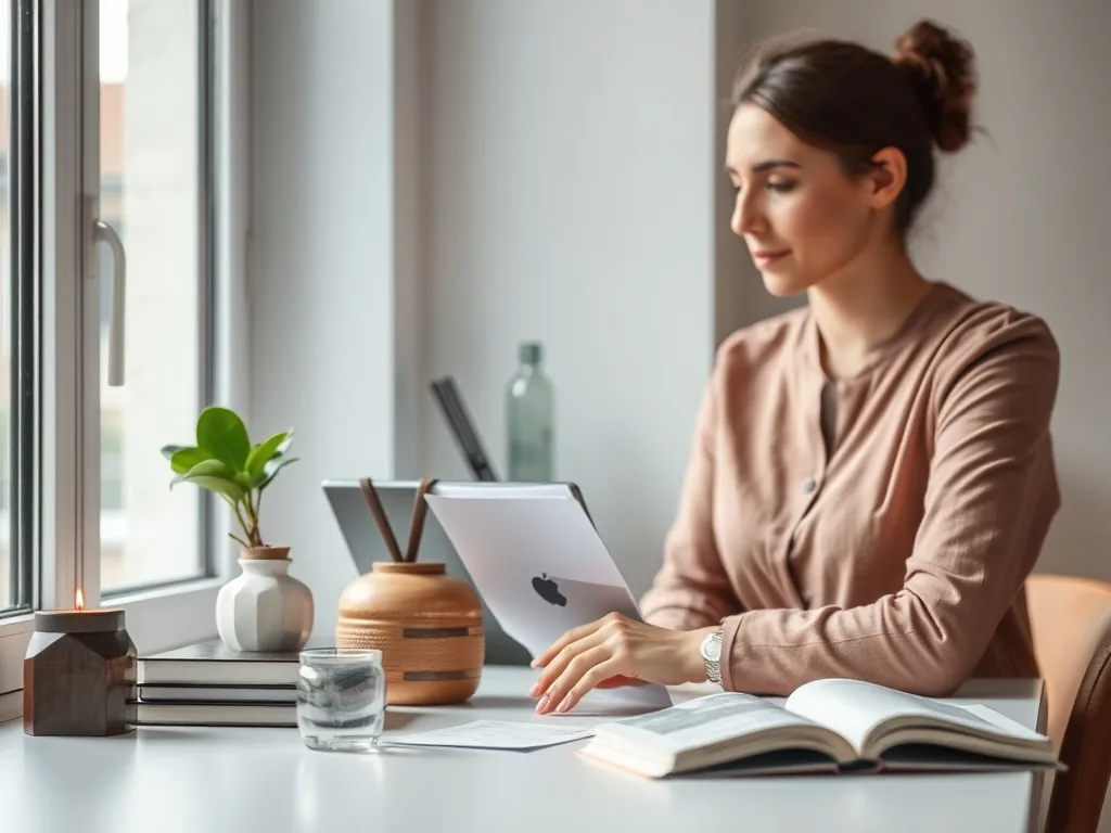 Femme assise à un bureau clair, consultante devant un écran, discutant avec un interlocuteur hors-champ, un dossier ouvert et un stylo en main. Ambiance de rendez-vous professionnel.