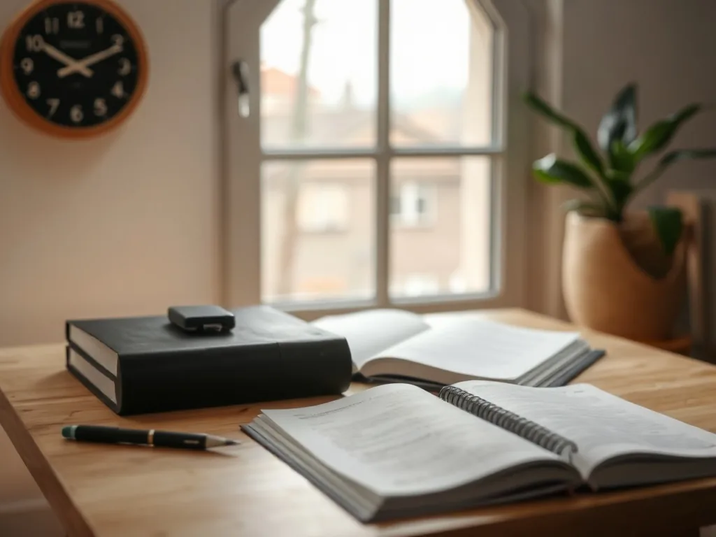 Bureau d'une petite entreprise avec des documents de prévention des risques étalés à côté d'un ordinateur portable ouvert.