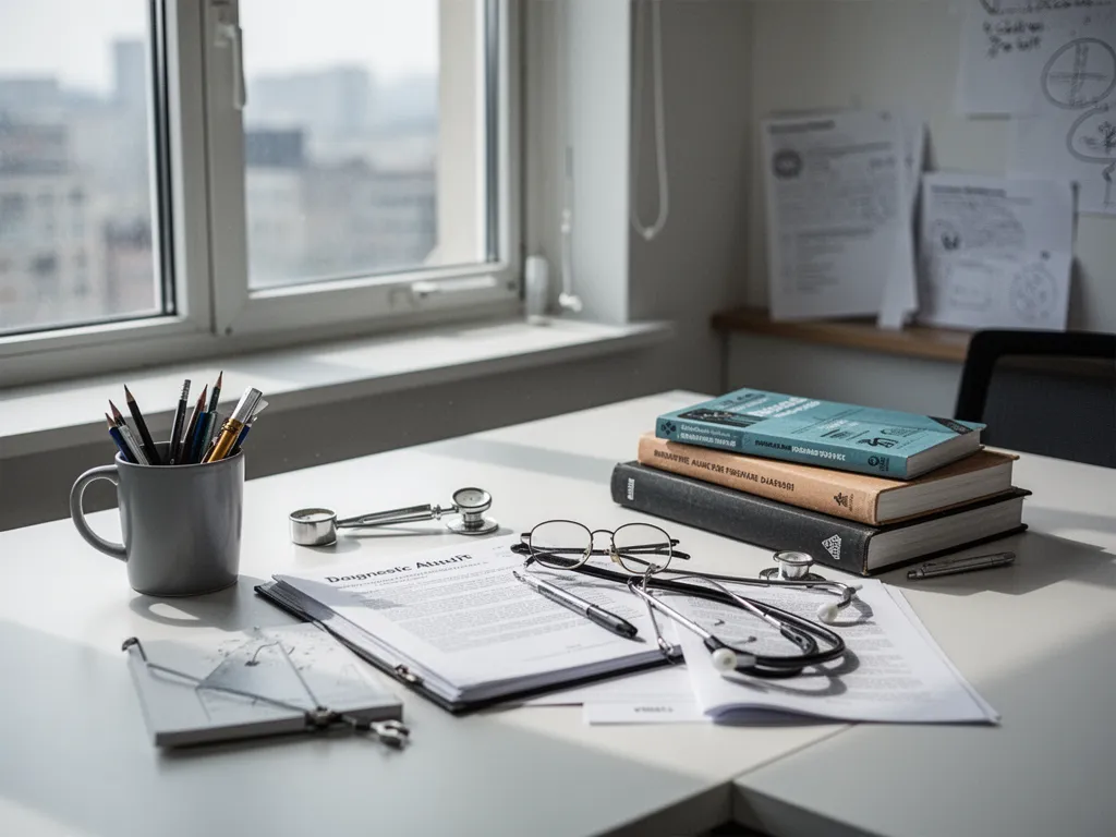 Une personne en pause à son bureau, regard pensif vers une fenêtre, carnet et stylo posés à côté