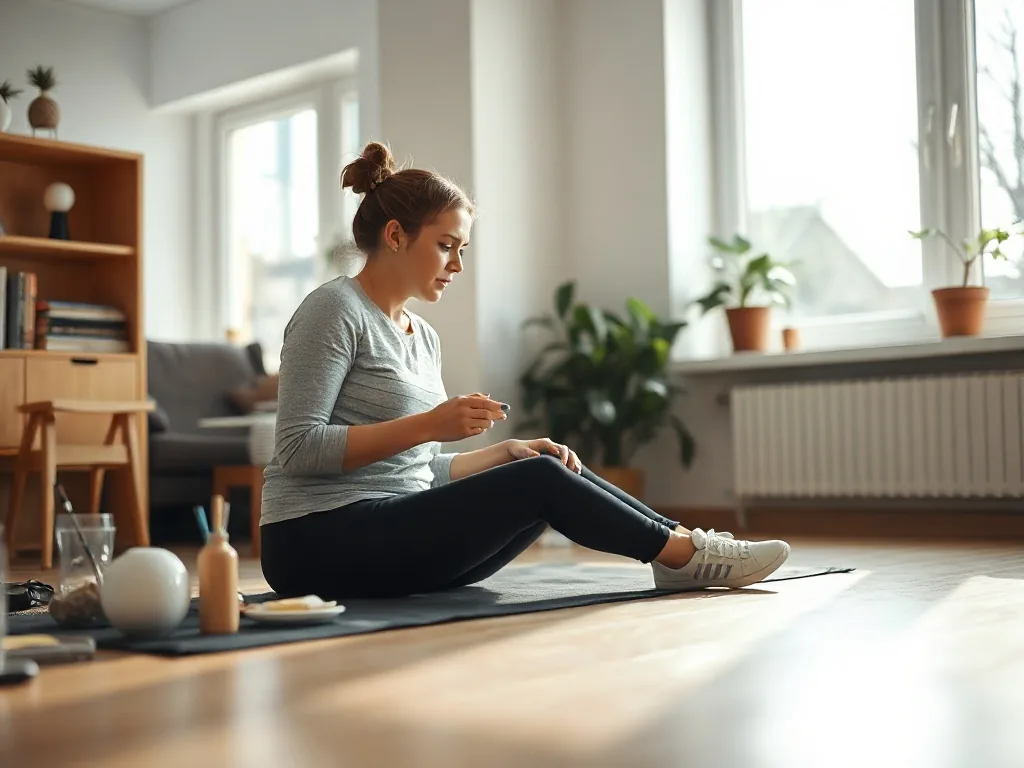 Personne en position de mobilité des hanches au sol, dans un salon lumineux, avec un tapis de sol et une plante verte en arrière-plan.