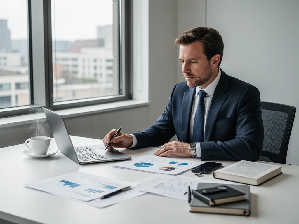 Bureau avec carnet ouvert, calculatrice et tasse de café, ambiance de prise de décision financière
