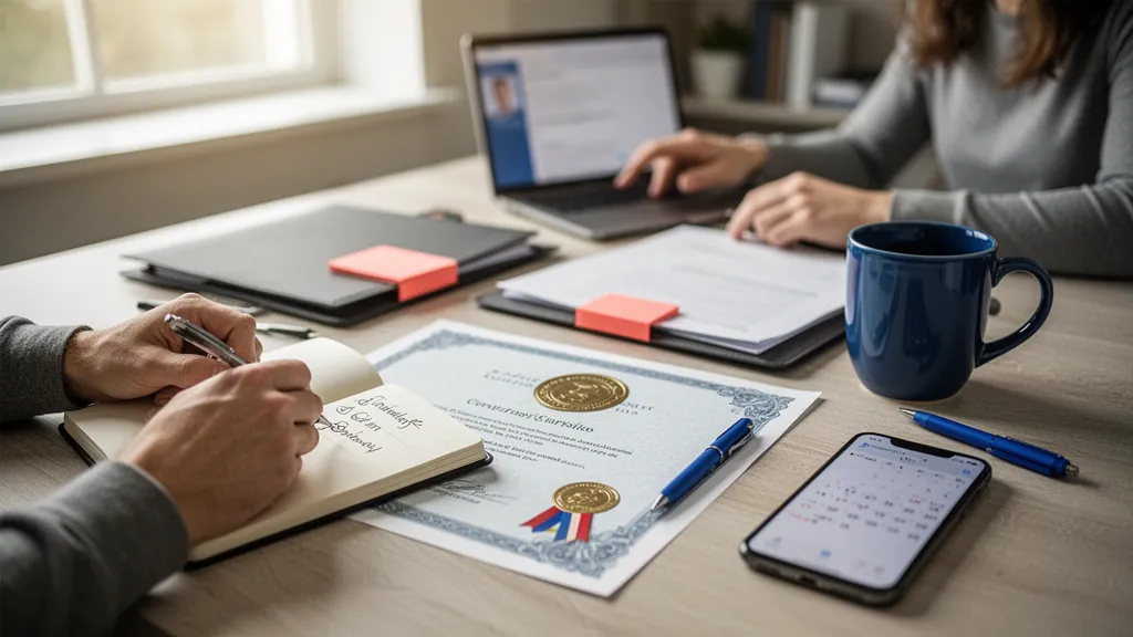 Personne travaillant sur un ordinateur, écran ouvert sur une page de formation en ligne, tasse de café à côté