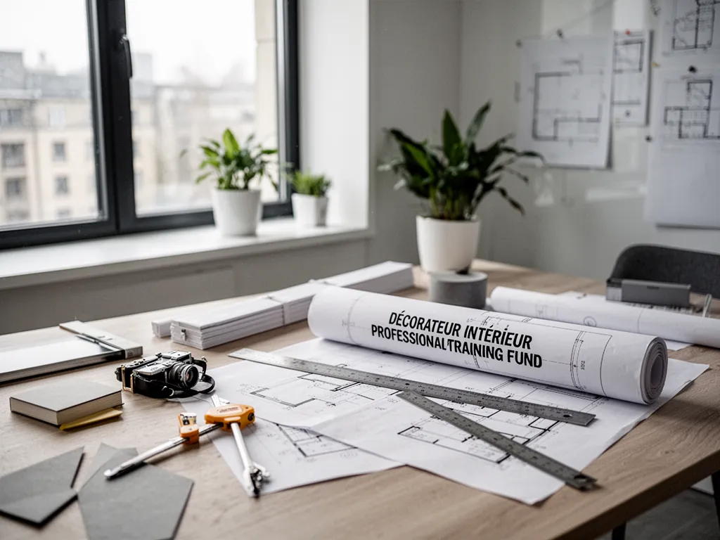 Un plan de décoration intérieure étalé sur une table, nuancier, mètre ruban et écran d'ordinateur affichant un logiciel de modélisation 3D