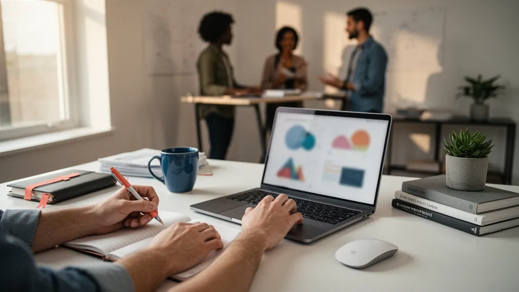 Deux personnes autour d'une table, documents et calculatrice, lumière d'après-midi