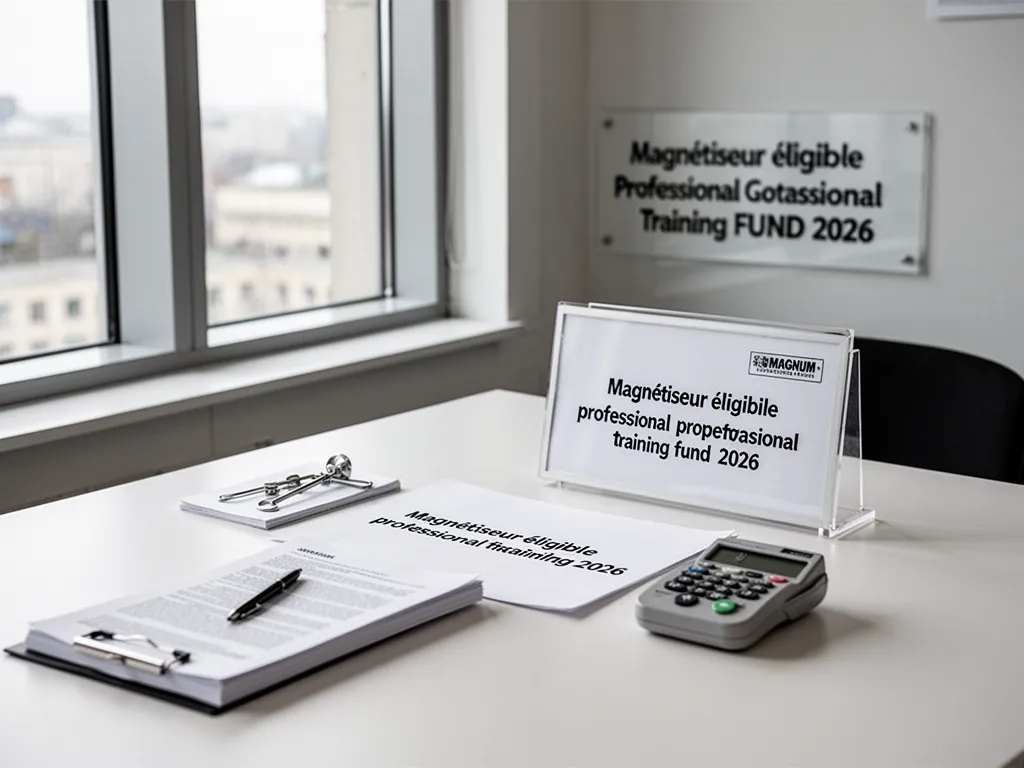 Une personne consulte un ordinateur portable ouvert sur une page de formation, avec un carnet de notes et un stylo sur un bureau clair