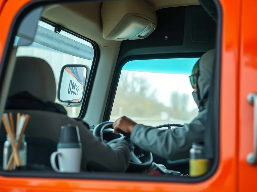 Un formateur en gilet jaune montre le tableau de bord d'un camion à un élève, carnet de notes et plan de formation posés sur le siège passager, lumière de fin de matinée dans la cabine.