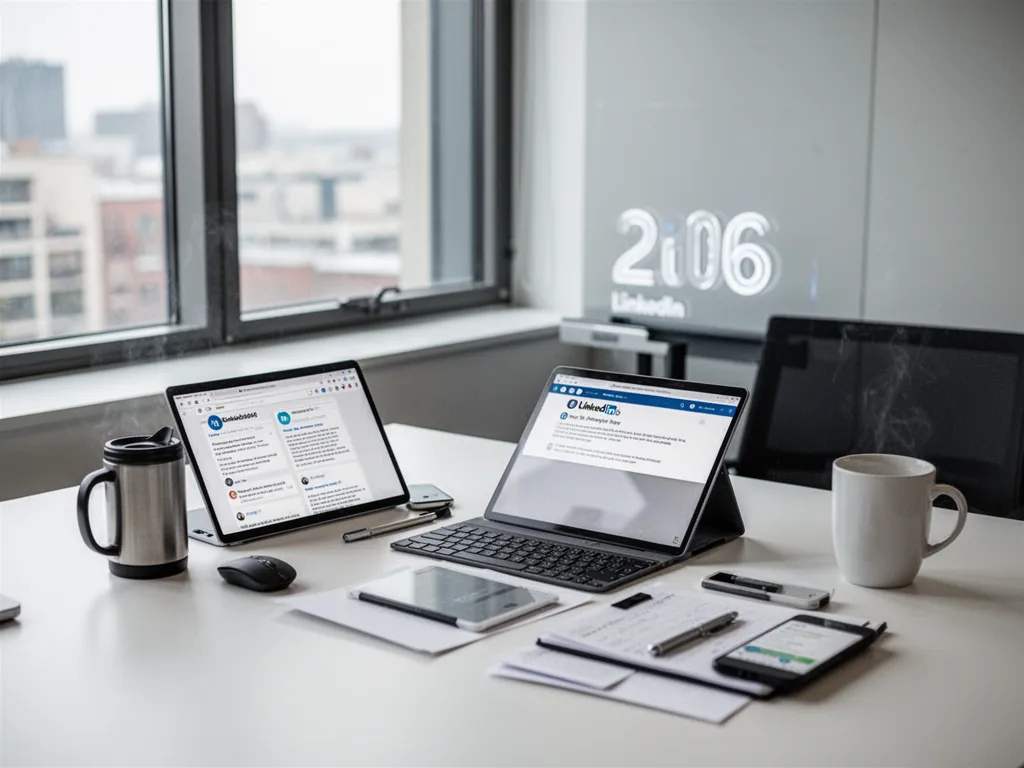 Un ordinateur portable ouvert sur un profil LinkedIn, avec un carnet de notes et un stylo sur un bureau de travail