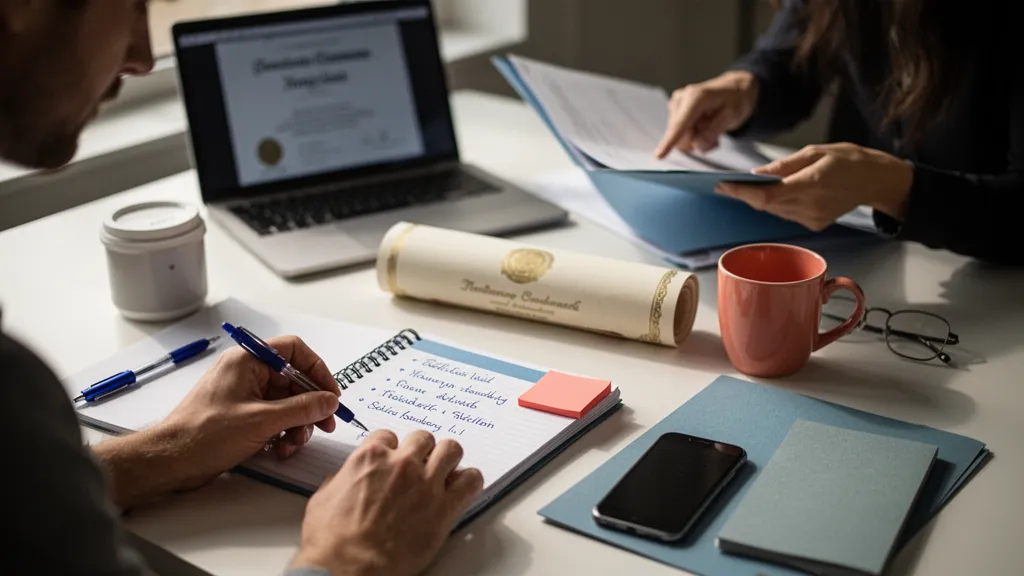 Personne assise à un bureau avec un ordinateur et des documents de formation, lumière naturelle