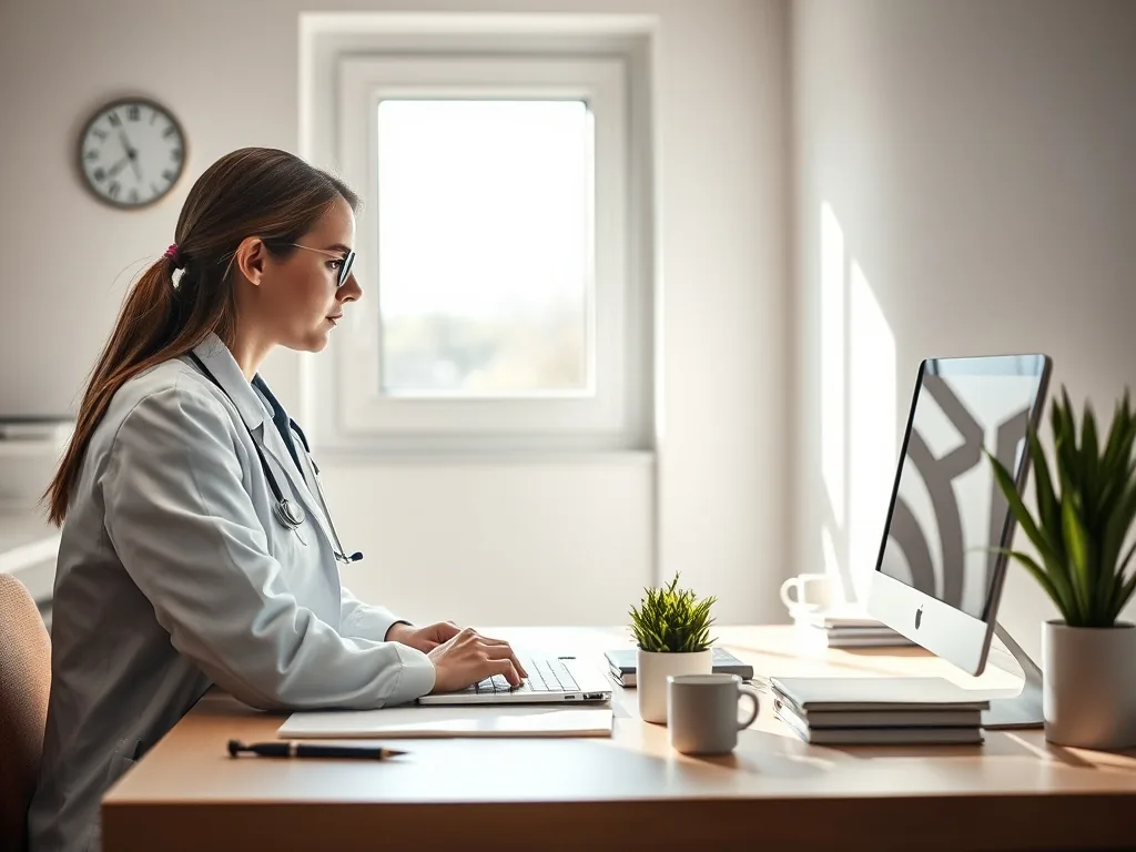 Un bureau médical avec un ordinateur, un stéthoscope et des dossiers patients, évoquant le quotidien d'une secrétaire médicale