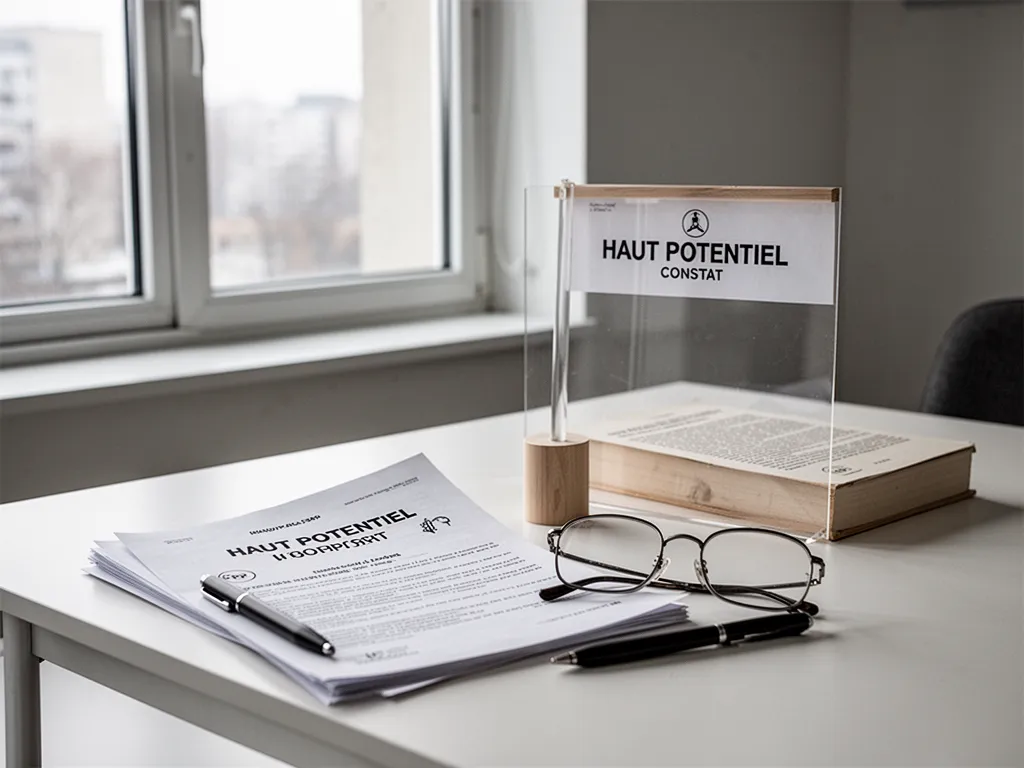 Femme assise à un bureau, plusieurs feuilles de notes annotées devant elle, regard pensif tourné vers la fenêtre