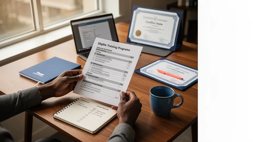 Personne feuilletant une liste de formations sur écran d'ordinateur, notes à côté