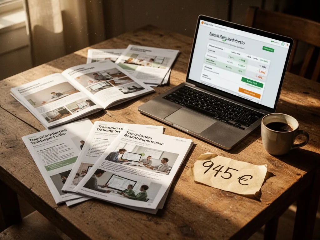 A wooden table spread with training brochures, a laptop displaying a course pricing page, a coffee cup, and a handwritte