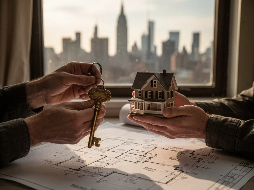 Hands holding a brass key and a miniature house model over blueprints, with a blurred city skyline through a window, aft