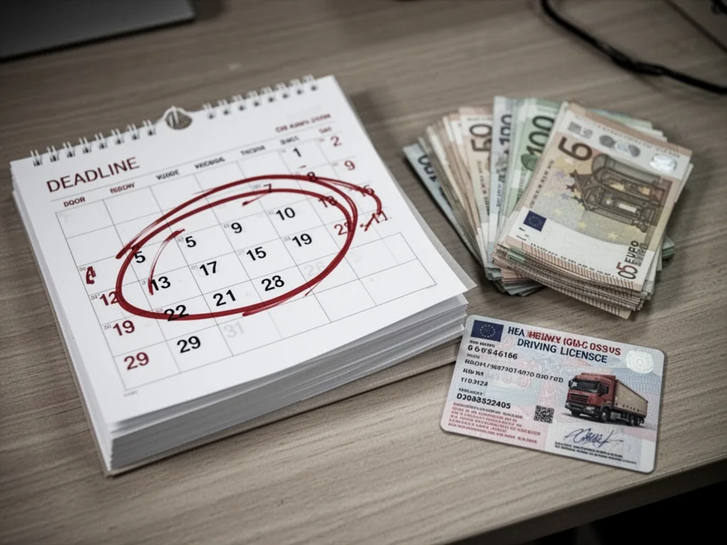 A white calendar with a red circle around a deadline date, next to a stack of euro notes and a heavy goods driving licen
