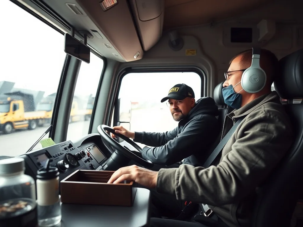 Un camion poids lourd circulant sur une route nationale au lever du jour.