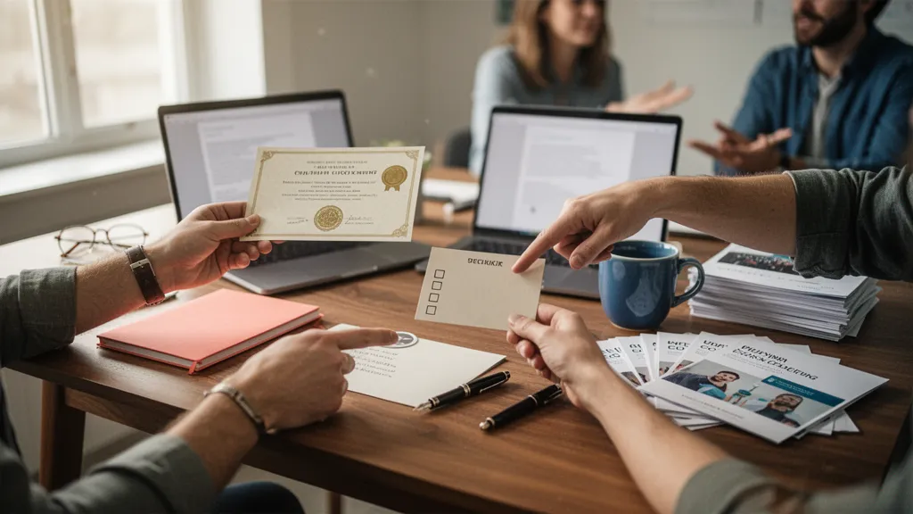 Une personne consulte une liste de formations sur un écran d'ordinateur, stylo et carnet à côté
