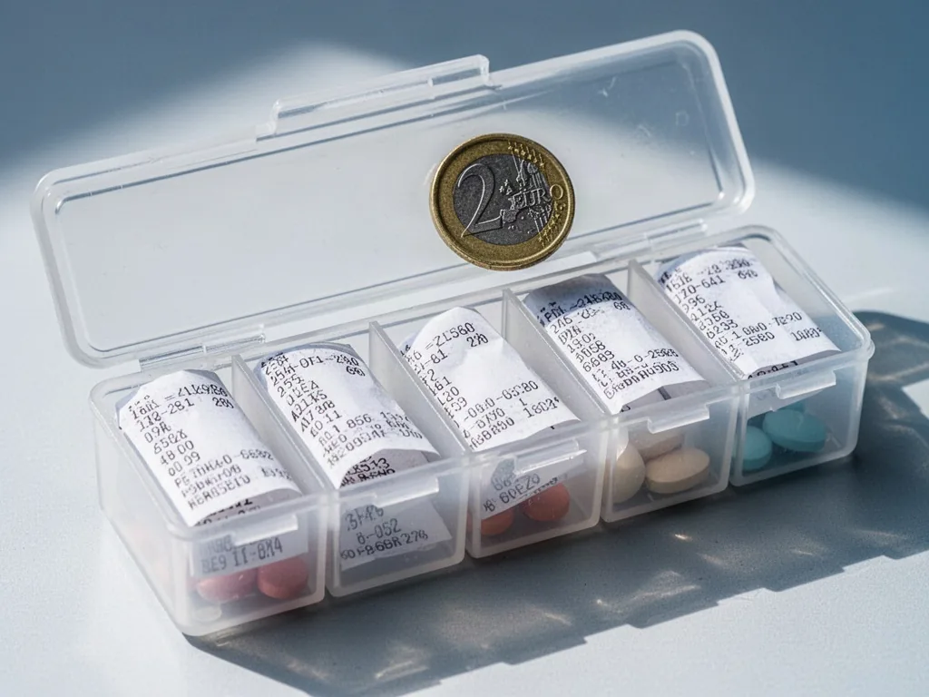 A daily pill organizer with seven compartments, each holding a folded medical receipt, a single 2-euro coin resting on t
