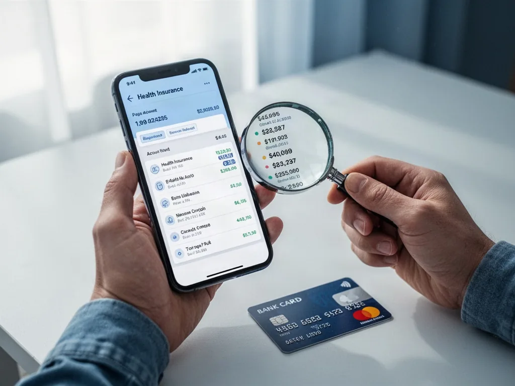 A pair of hands holding a smartphone displaying a health insurance account statement, a magnifying glass over a list of 