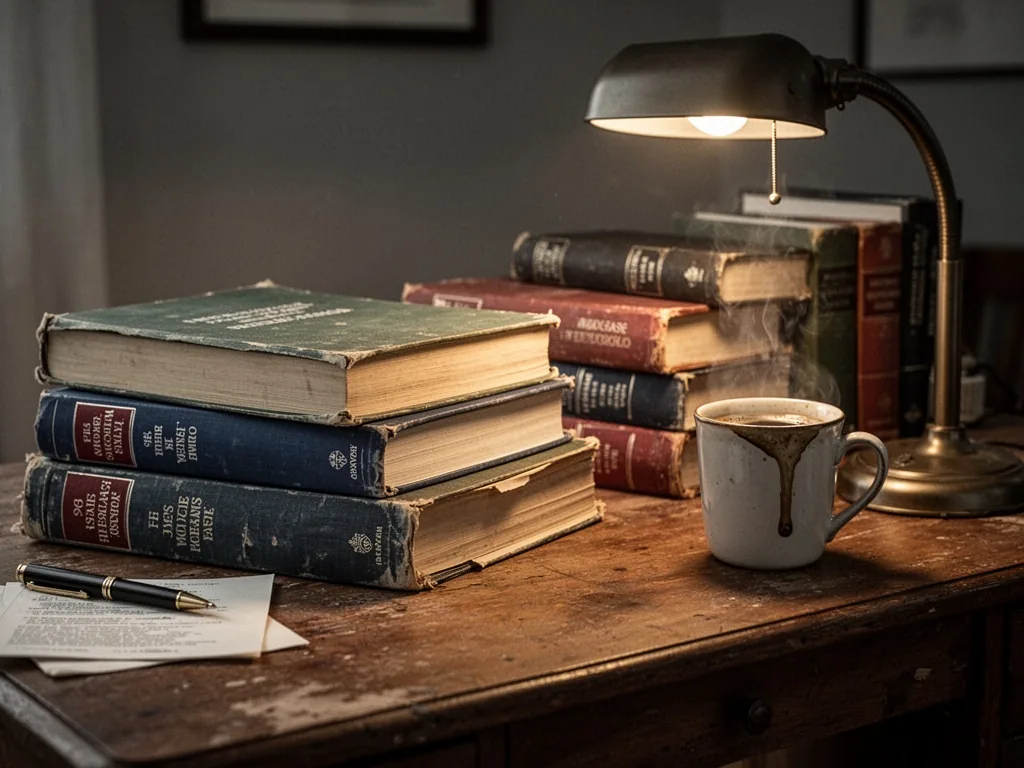 A worn wooden desk cluttered with thick medical textbooks and legal casebooks, a reading lamp casting warm light, a half
