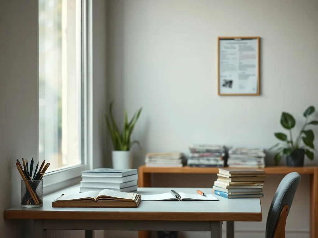 Un jeune professionnel assis à un bureau, un ordinateur ouvert devant lui, entouré de fiches de formation et d'un livre universitaire, regardant par la fenêtre l'air pensif.