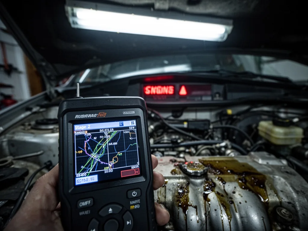 Close-up of a handheld digital tuner screen displaying 'Stage 2' mapping, red engine warning light on dashboard behind, 