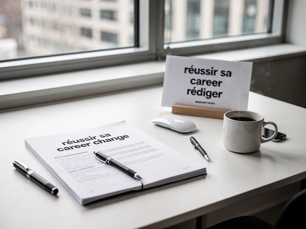 Une feuille de papier posée sur un bureau, avec un stylo et une tasse de café, dans une lumière douce de fin d'après-midi