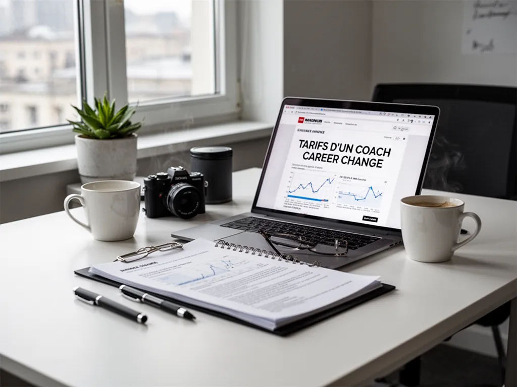 Bureau avec carnet ouvert, calculatrice et tasse de café, ambiance feutrée et concentrée